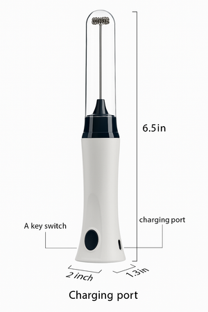 White handheld device with measurements and labeled parts on a white background