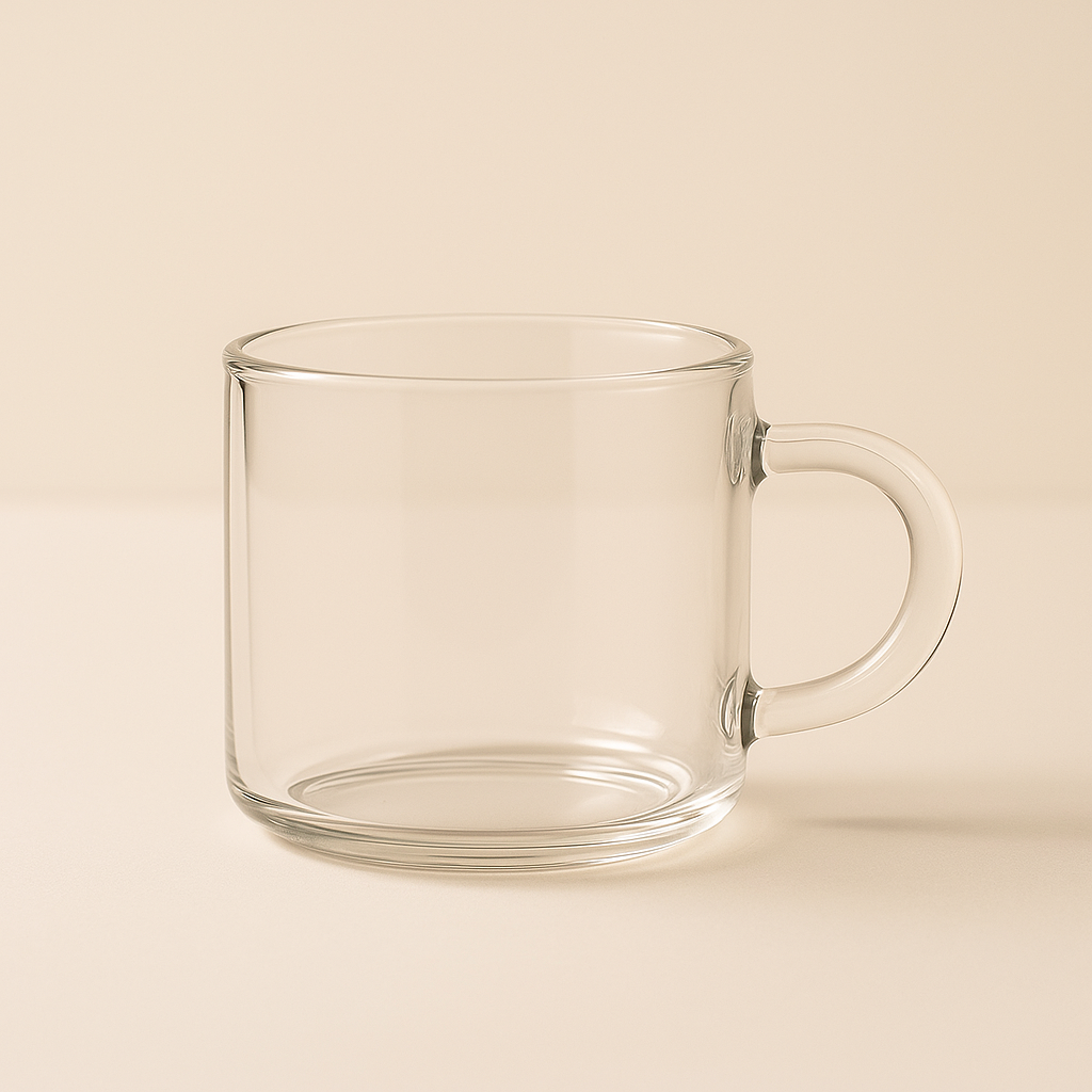 Jadeite cup Clear glass mug on a beige background
