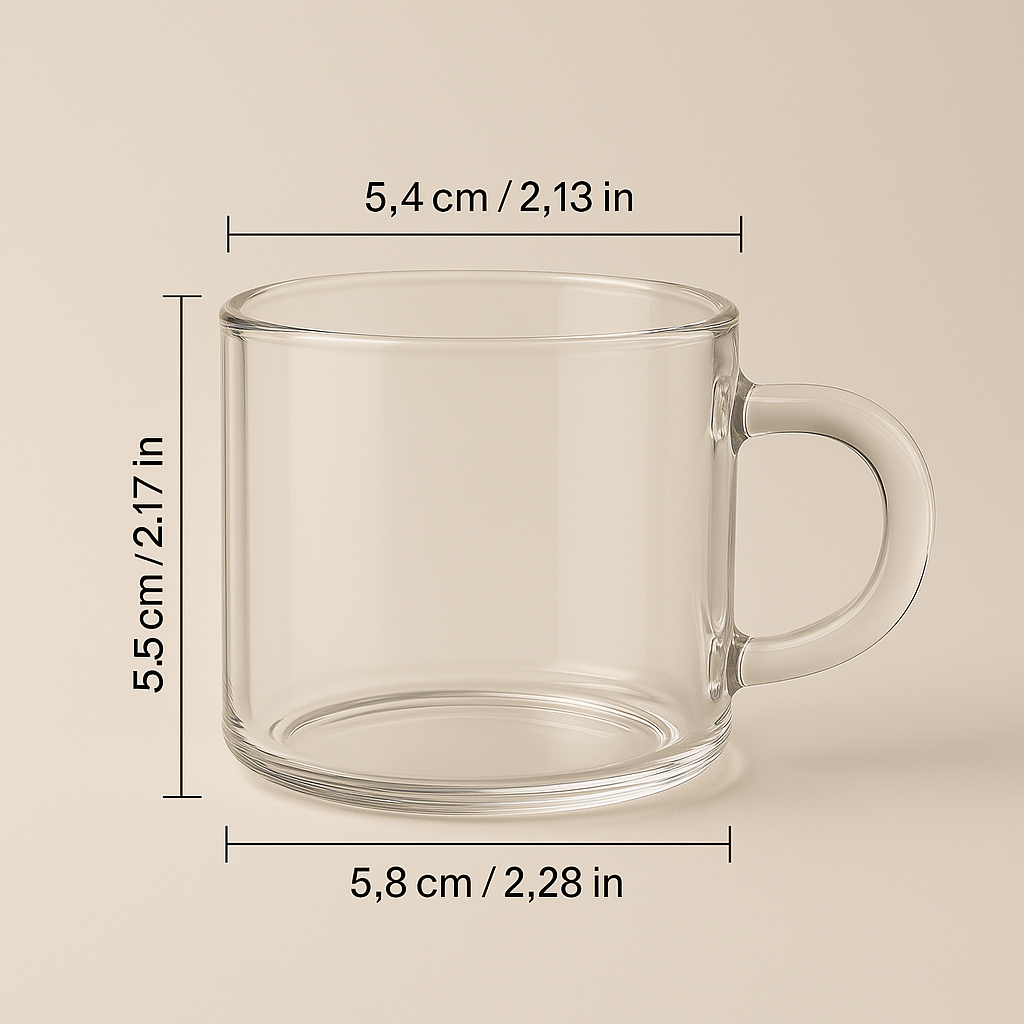Clear glass mug with dimensions labeled on a beige background