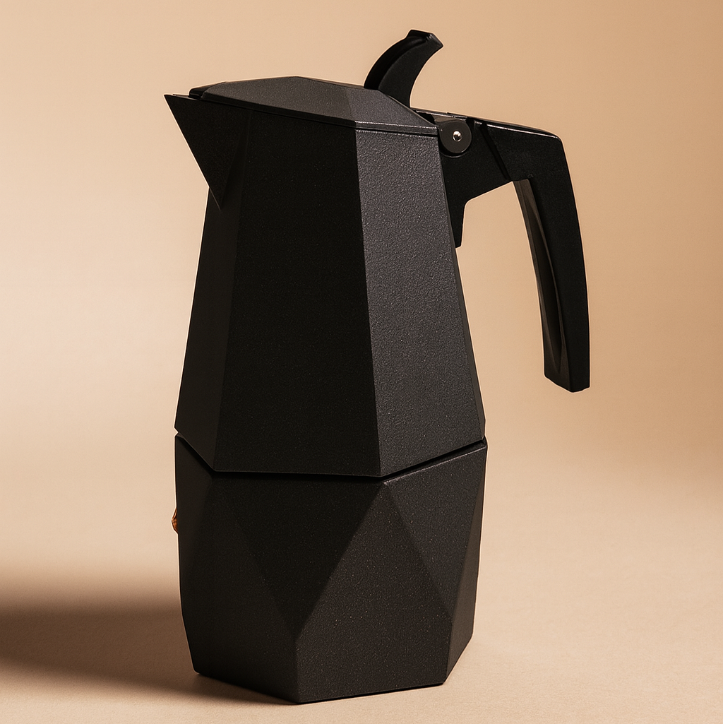 Black geometric-style coffee maker on a beige background