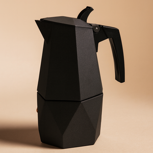 Black geometric-style coffee maker on a beige background
