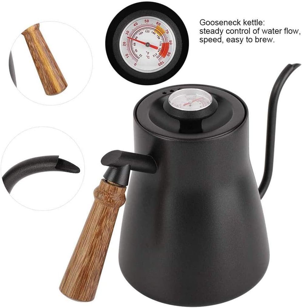 Kettle Gooseneck Pour Over with Thermometer  600ml Stainless Steel & Wooden Handle