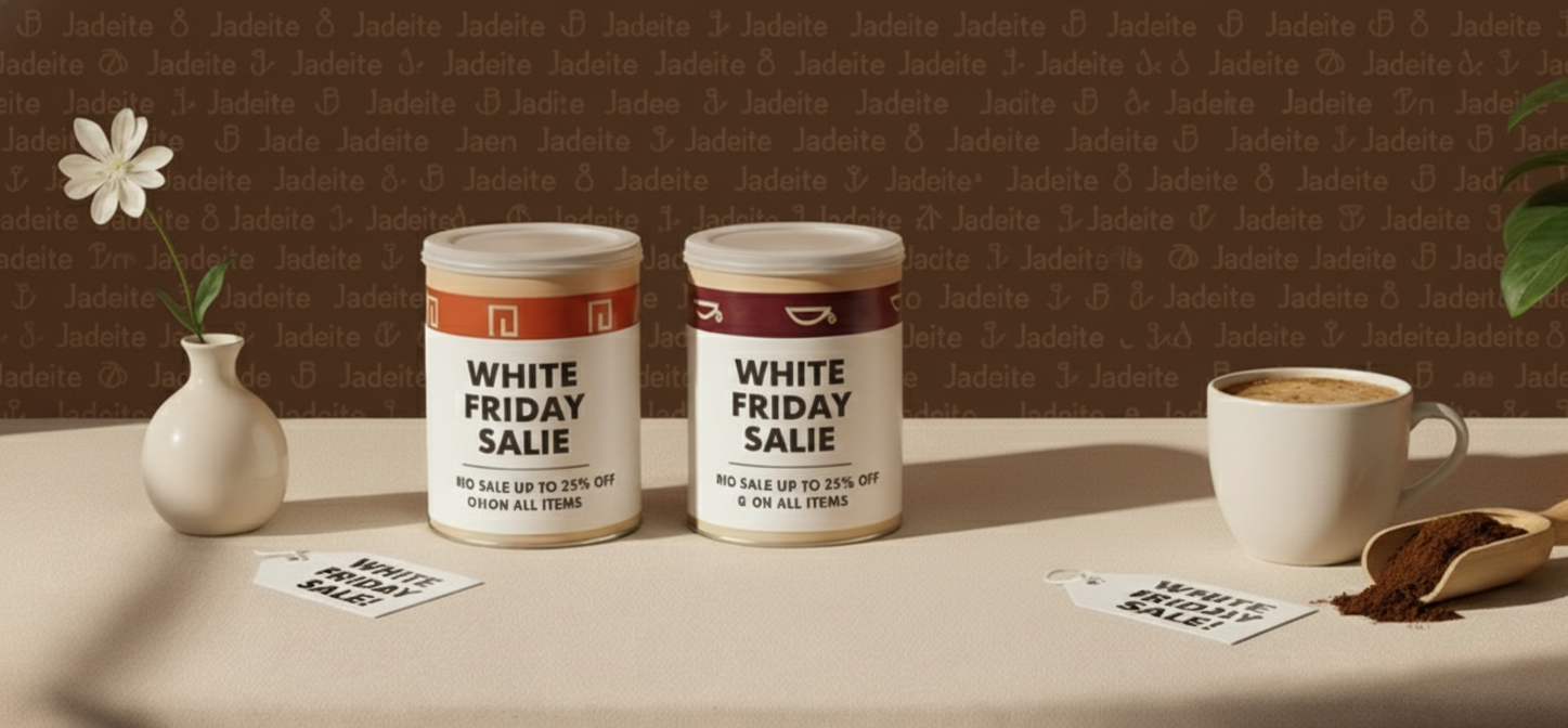 Two coffee canisters with 'White Friday Sale' labels on a table with a cup of coffee and a flower.