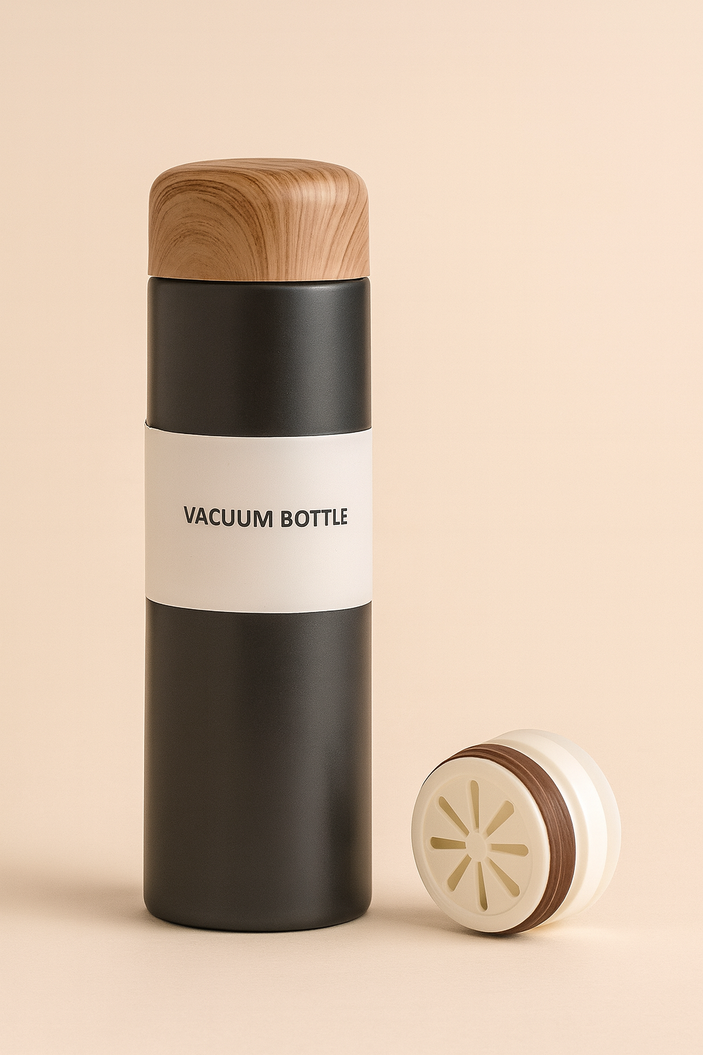 Vacuum bottle with wooden cap and base on a beige background