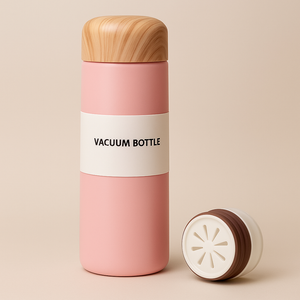 Pink vacuum bottle with wooden lid and white base on a beige background