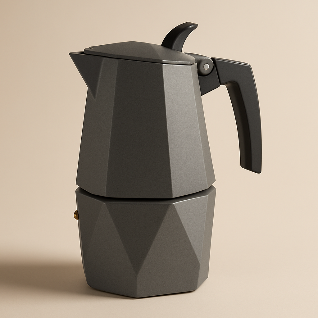 Gray stovetop espresso maker with black handle on a beige background