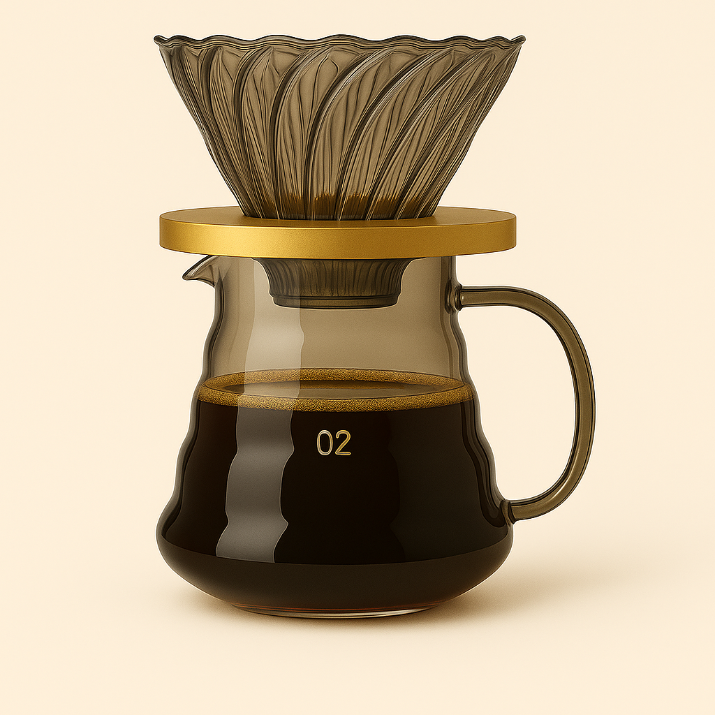 Coffee brewing device with a glass carafe and gold lid on a beige background