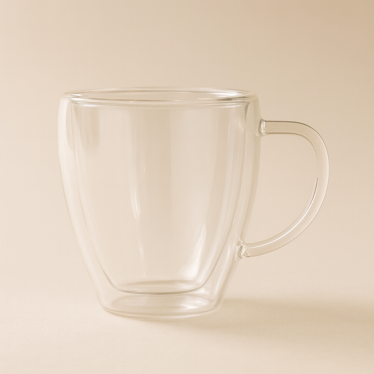 Clear glass mug on a beige background