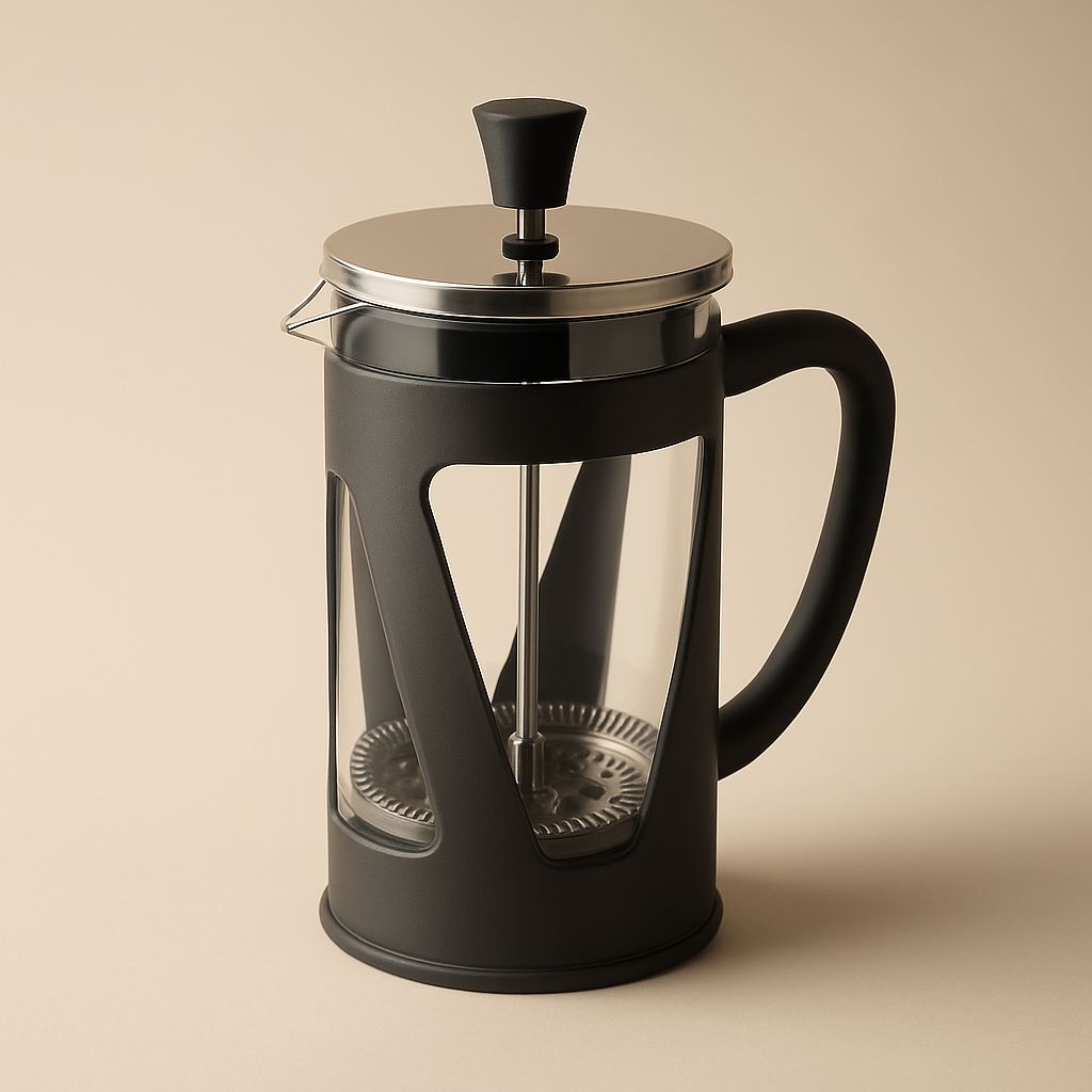 Black French press coffee maker on a beige background