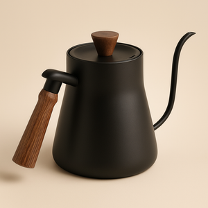 Black kettle with wooden handles on a beige background